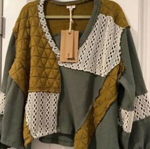 #241 POL Green and Brown Patchwork Top